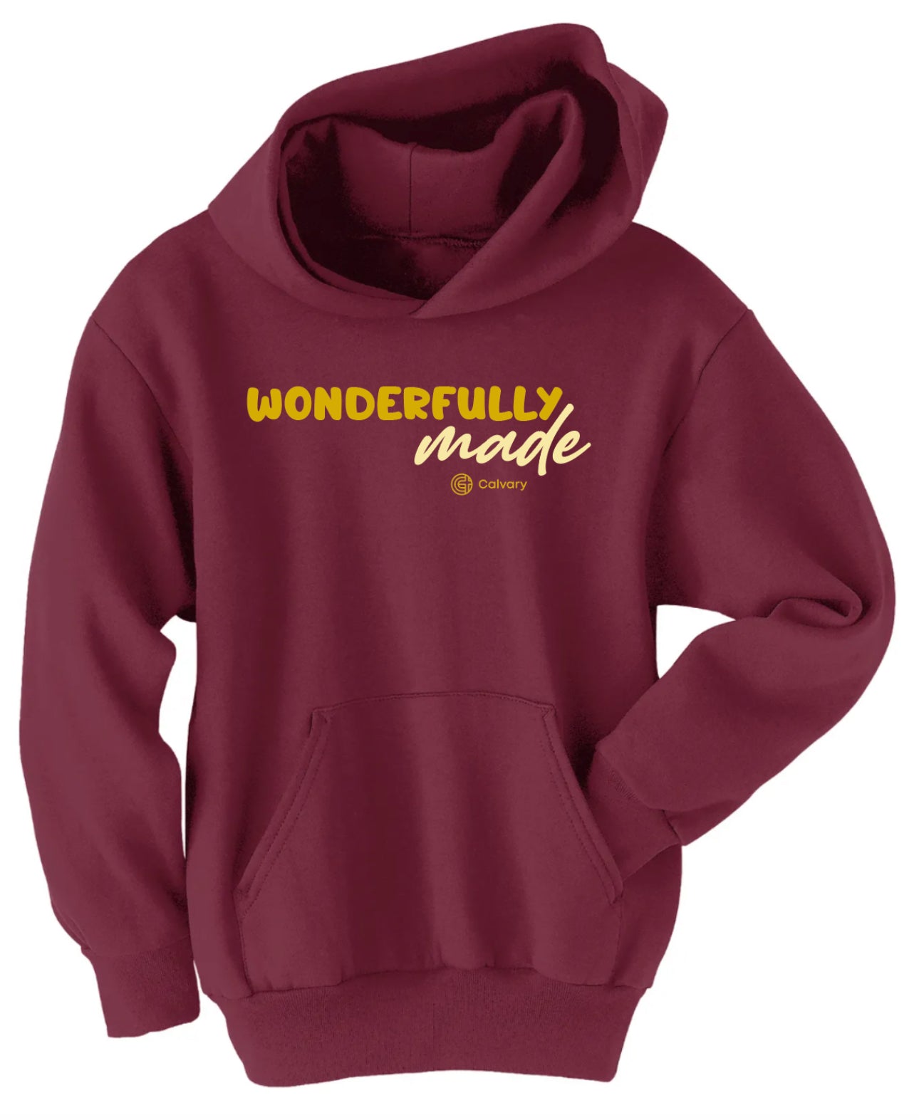 Maroon youth pullover hoodie with Calvary logo — Calvary Kids apparel